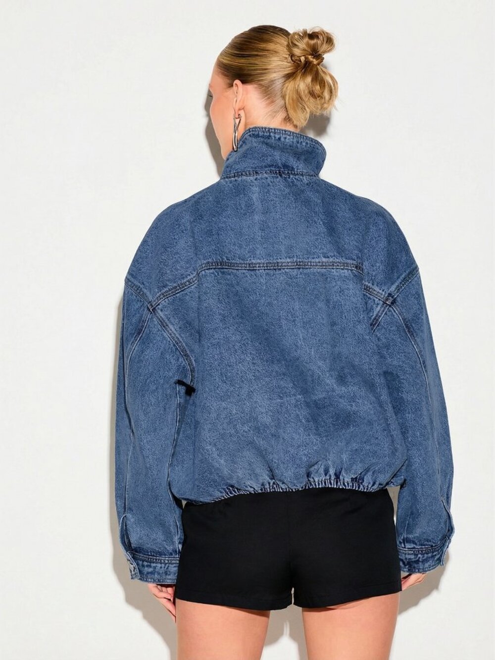 Blue Women's Funnel Neck Stand Collar Cropped Hem Oversized Denim Bomber jacket - Picture 2 of 5